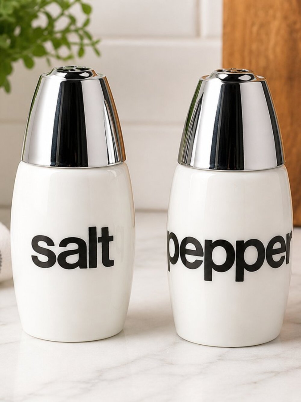 Modern Minimalist Salt & Pepper Shakers Set White Ceramic Chrome Tops